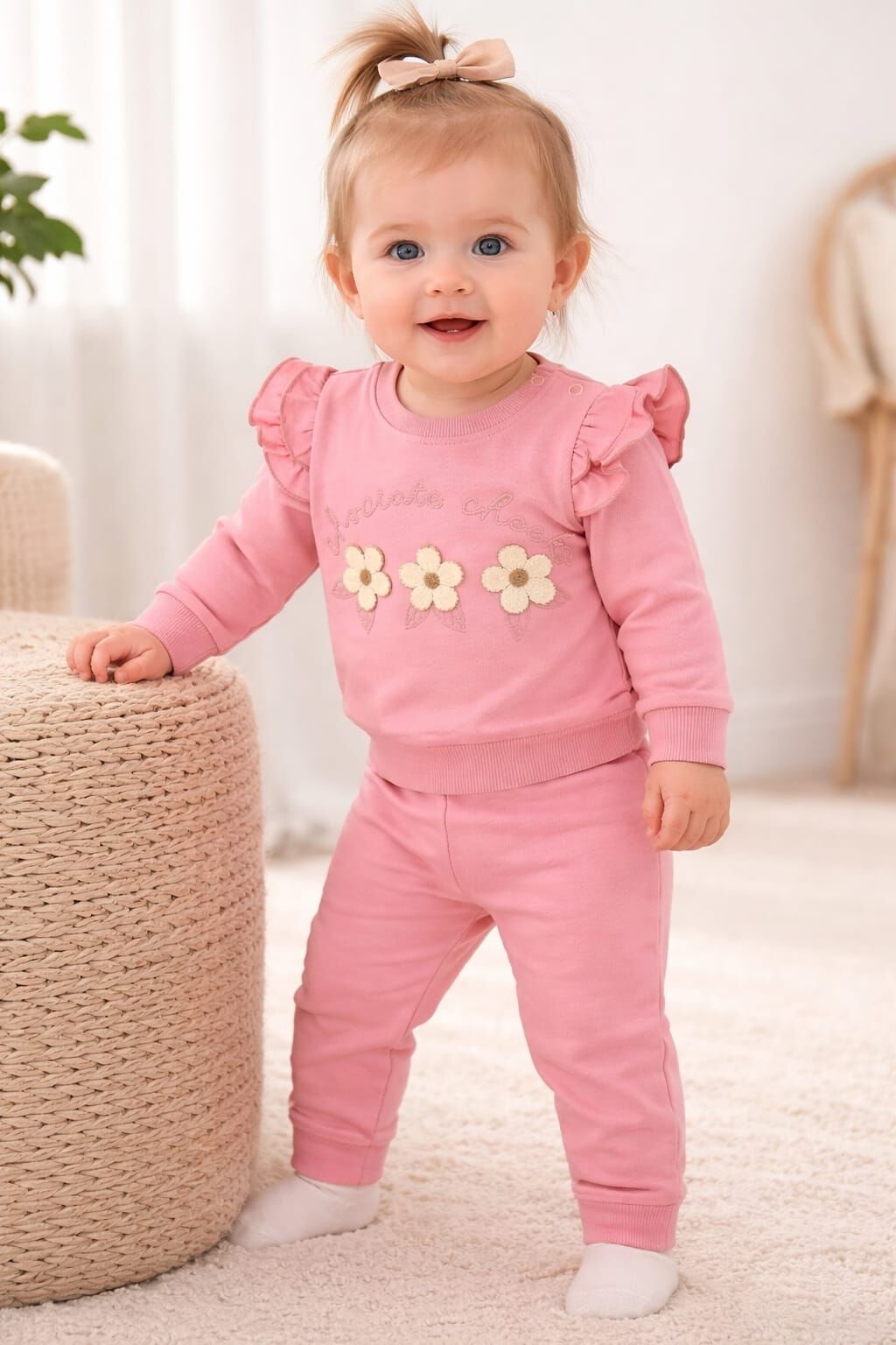 Papatya Nakışlı Fırfırlı Bebek Takım %100 Pamuk