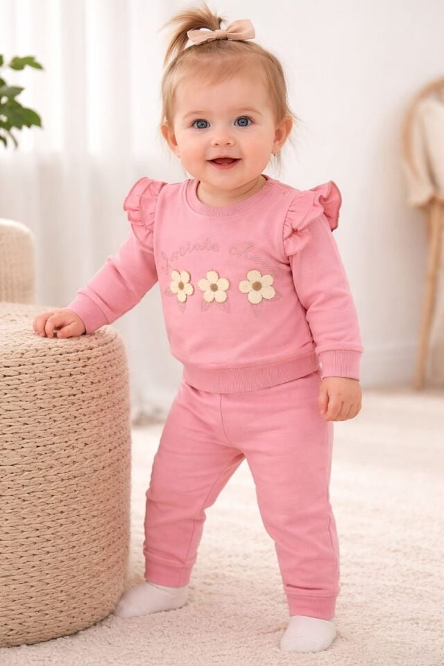 Papatya Nakışlı Fırfırlı Bebek Takım %100 Pamuk