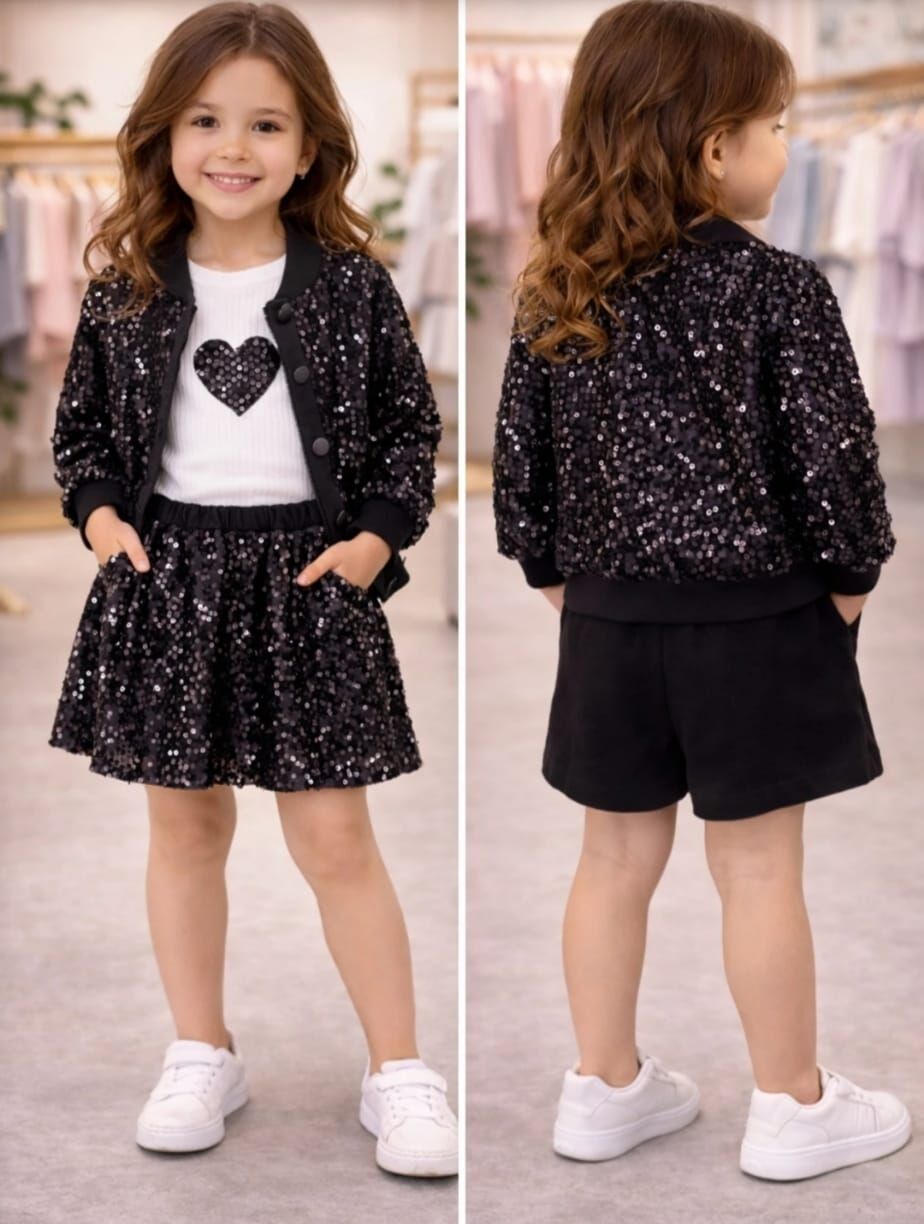 Pul İşlemeli Ceketli Şort & Etek Kız Takım Siyah