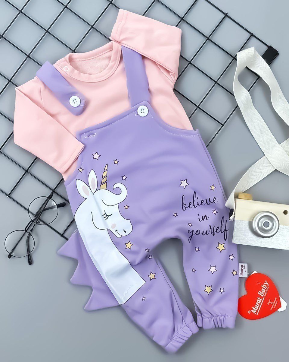 Unicorn  Baskılı Düğmeli Bebek Slopet 0-3