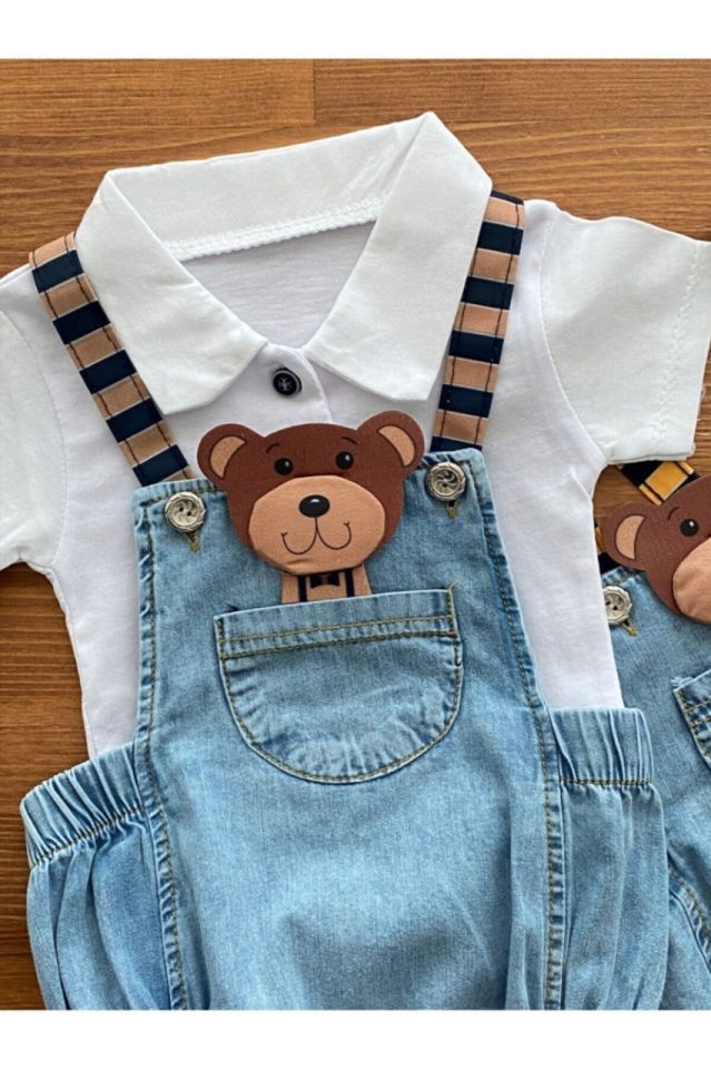 Ayıcık Kabartmalı Kot Bebek Salopet 6-9