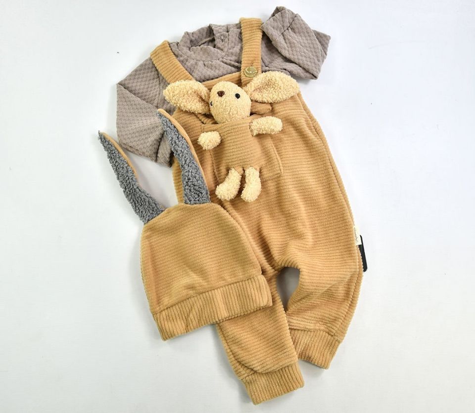 Ayıcıklı Badili Şapkali  Bebek Salopet Takım Bej 6-9