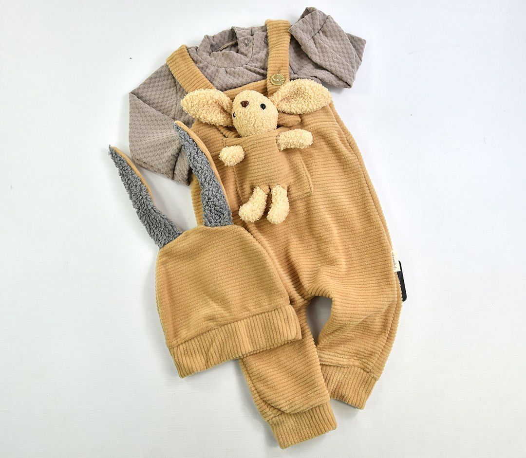Ayıcıklı Badili Şapkali  Bebek Salopet Takım Bej 12-18