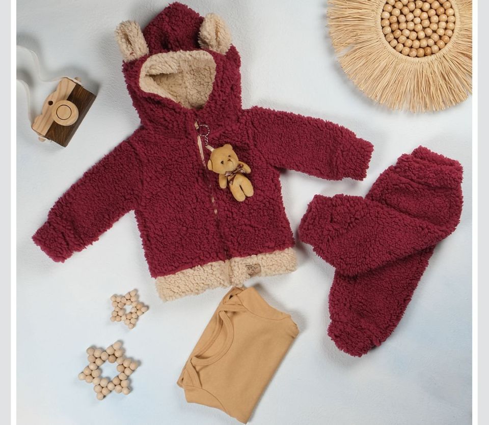 Pelüş Hirkali Kapşonlu Bebek Takım Mürdüm 6-9