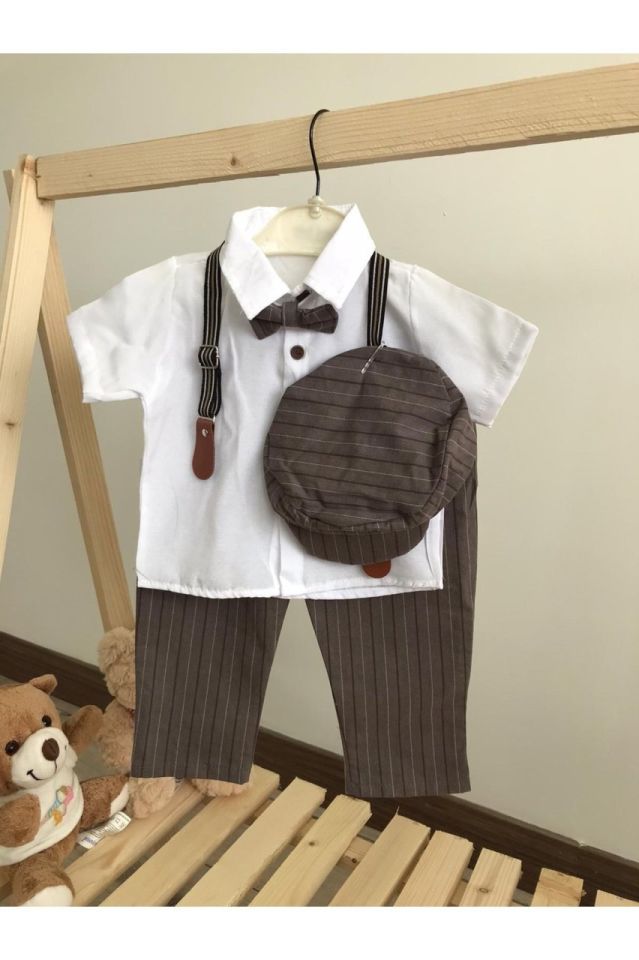 Çizgi Şapkalı Askılı Bebek Takım 18-24