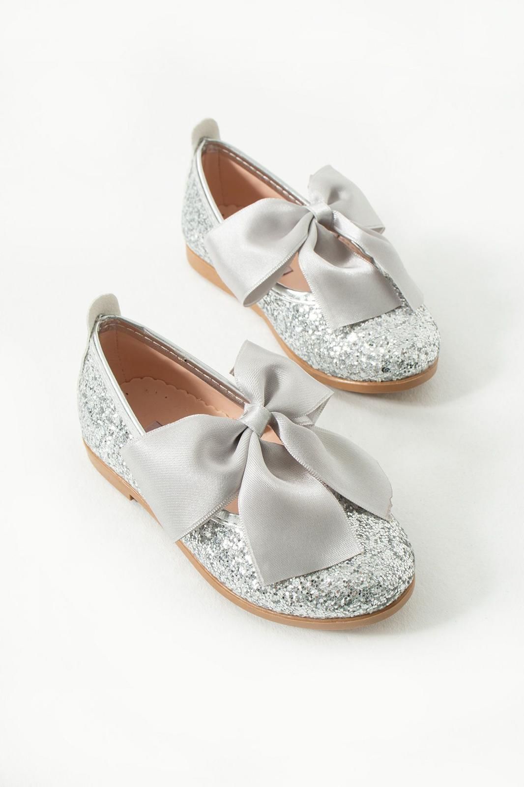 Mai Lui Kız Çocuk Fiyonklu Simli Babet Ayakkabı Gümüş