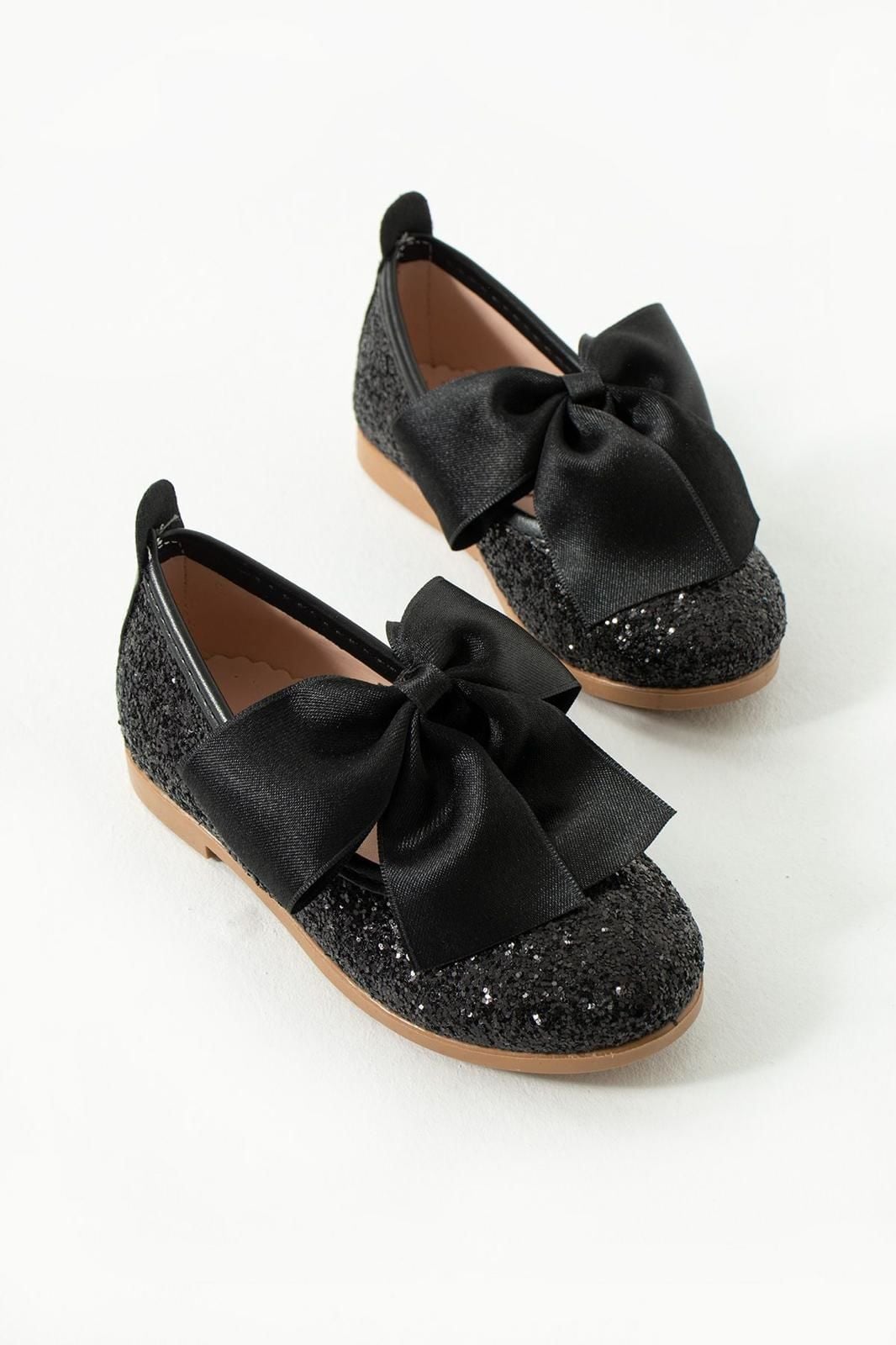 Mai Lui Kız Çocuk Fiyonklu Simli Babet Ayakkabı Siyah