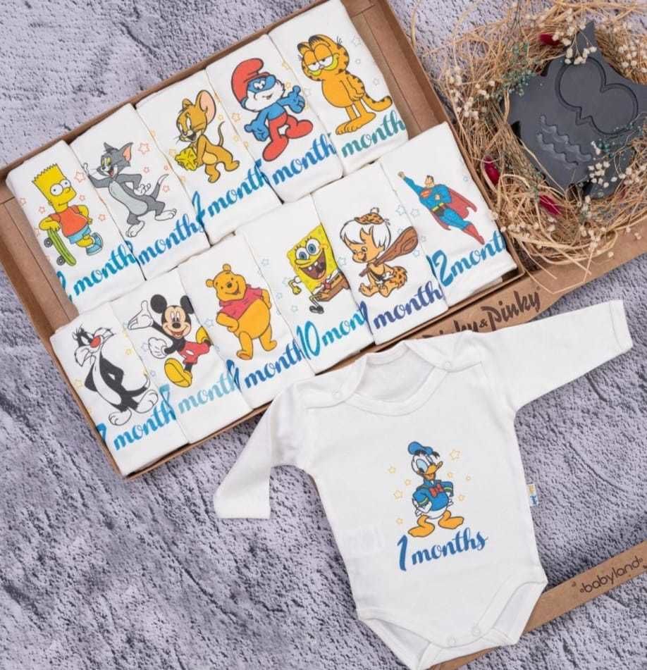 Çizgi Film Baskılı 12'li Uzun Kollu Çıtçıtlı Badi Bebek Set
