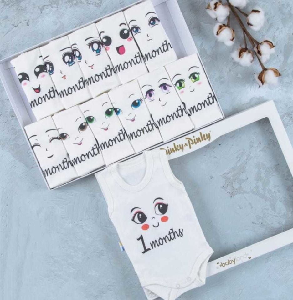 Göz Baskılı 12'li Atlet Çıtçıtlı Badi Bebek Set